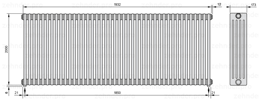 Схема (чертеж) Радиатор Zehnder Charleston 5200/42 №3570 Белый глянцевый RAL 9016